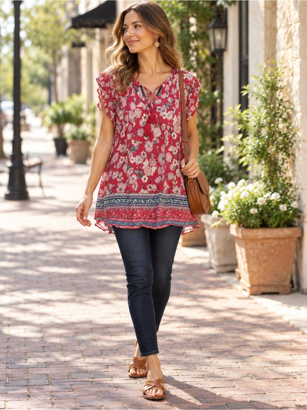 Floral Tie-Neck Flutter Sleeve Top - Red